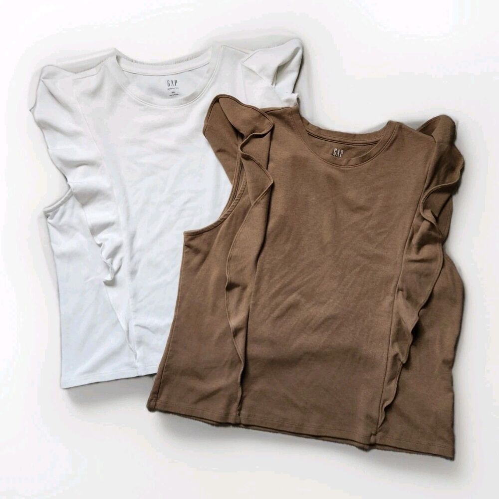 NWOT GAP Modern Tee Lot of 2 White Brown Ruffle Sleeve Crew Neck Womens XXL